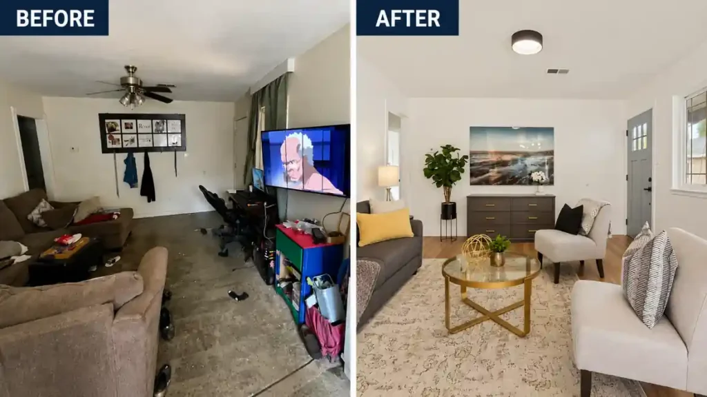 Before and after living room renovation of a pre-foreclosure home on Fresno Court in Citrus Heights, California, transformed by R&H Distressed Properties.