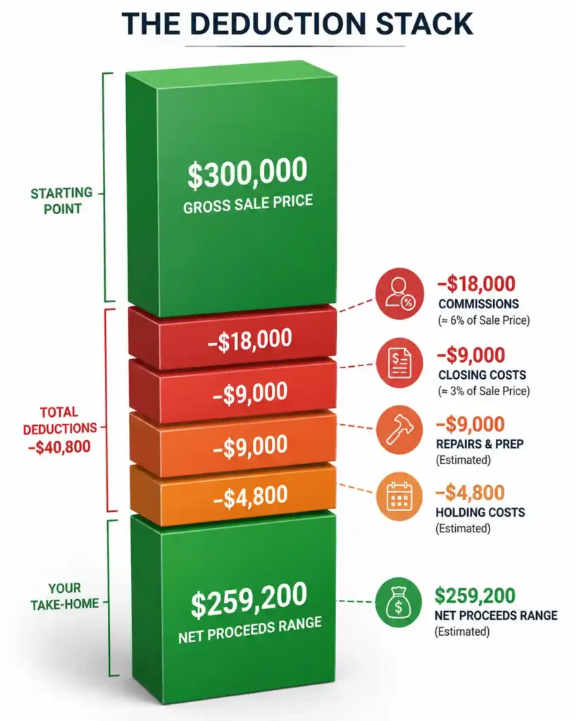 Infographic explaining how much it costs to sell a $300,000 house with a full breakdown of commissions, closing costs, repairs, holding costs, and net proceeds.