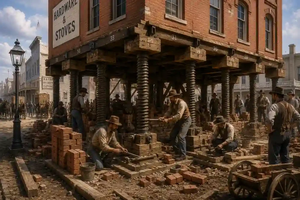 Workers using giant screw jacks to raise brick buildings in 19th century Sacramento while constructing new foundations beneath the city to protect against flooding.