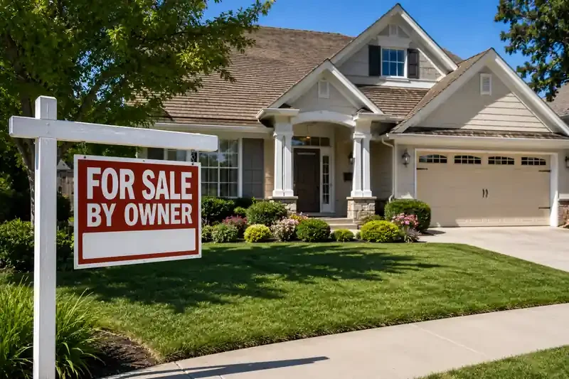 A red and white For Sale By Owner sign standing in the front yard of a suburban home in Sacramento, California.