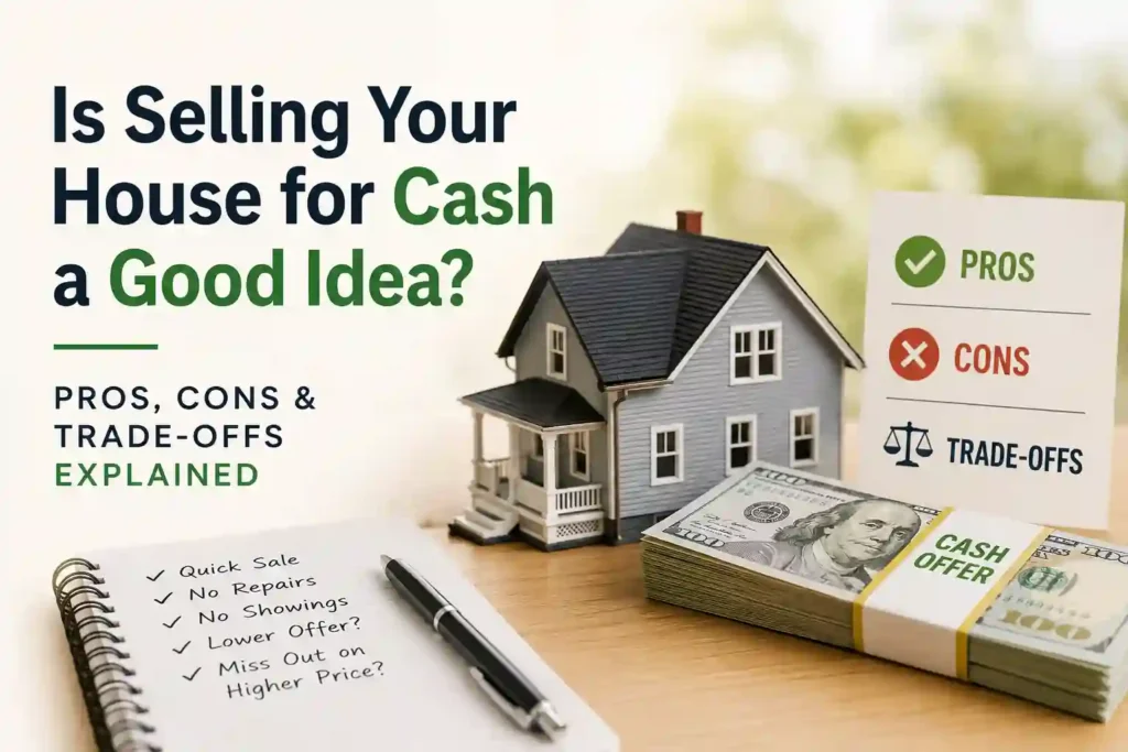 Homeowner comparing the pros, cons, and trade-offs of selling a house for cash with a model home and cash offer displayed.