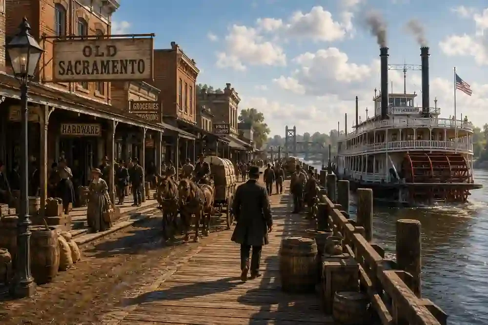 Historic Old Sacramento waterfront with wooden boardwalks, horse-drawn wagons, brick buildings, and a steamboat along the Sacramento River during the late 1800s.