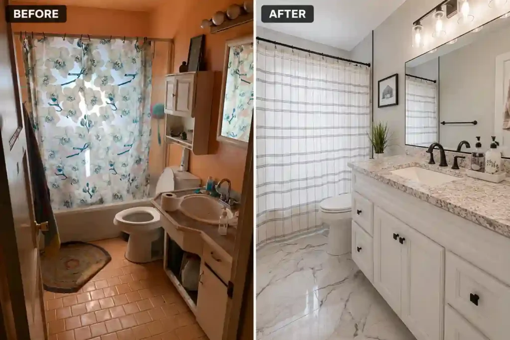 Before and after bathroom renovation of a hoarder house in San Lorenzo, California, showing the transformation from an outdated bathroom to a fully remodeled modern space by R&H Distressed Properties.