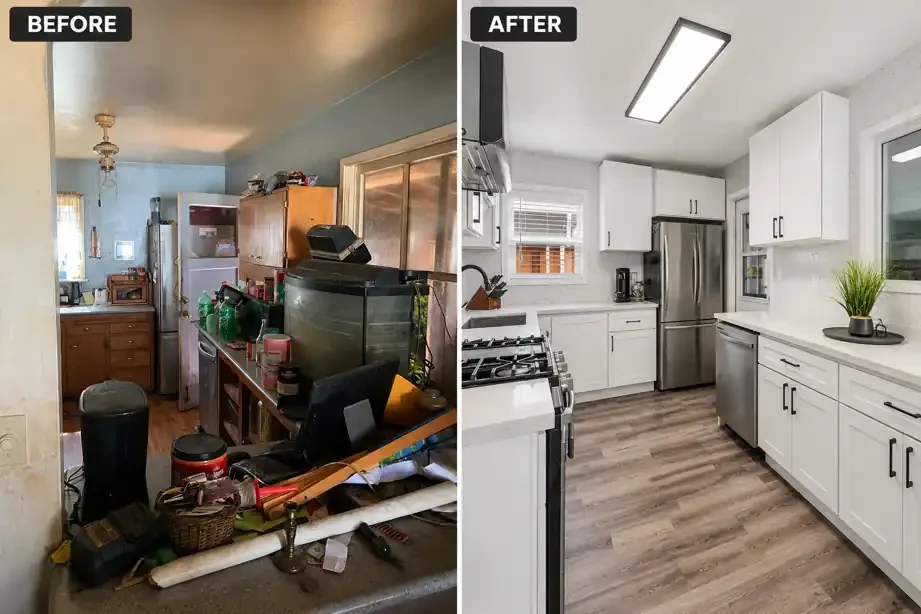 Before and after kitchen renovation of a hoarder house in San Lorenzo, California, showing the transformation from a cluttered, outdated kitchen to a fully remodeled modern kitchen by R&H Distressed Properties.