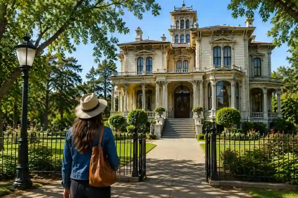 Visitor walking toward a historic Sacramento house while exploring what is the oldest house in Sacramento, California.