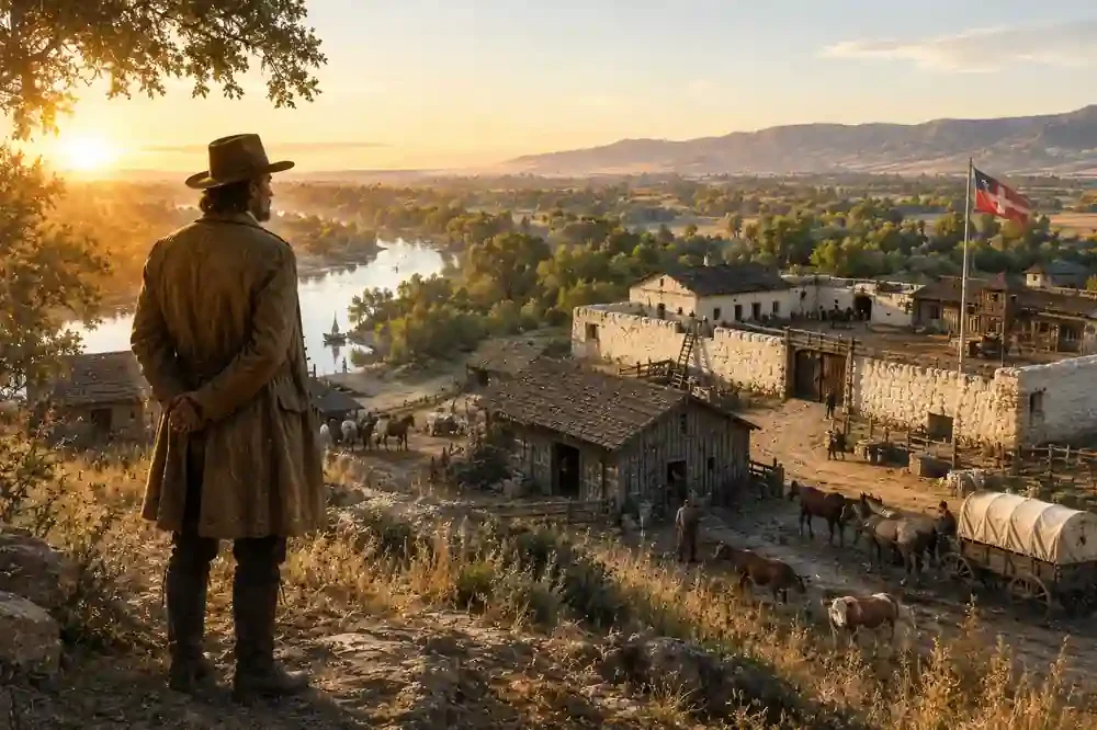 John Sutter overlooking New Helvetia and Sutter's Fort in the 1840s, showing the original settlement that later became Sacramento, California.