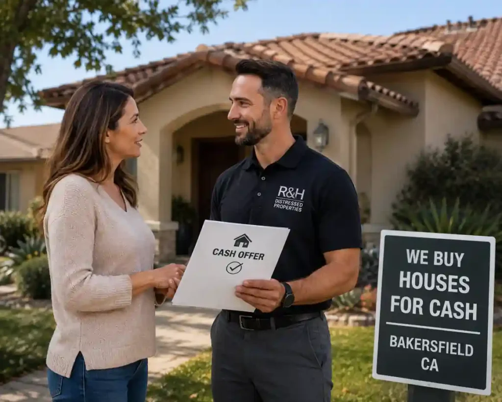Seller reviewing a cash offer with a local home buyer outside a Bakersfield house before selling their home as is for cash.