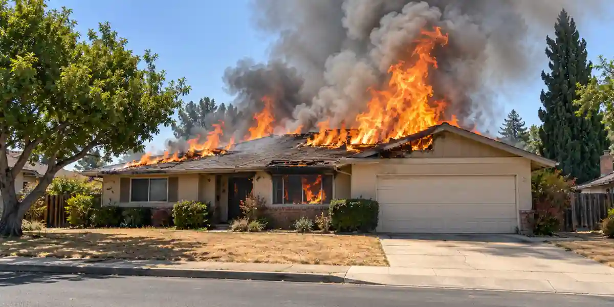 Fire-damaged house in Stockton, California, with flames rising above the roof and thick smoke.