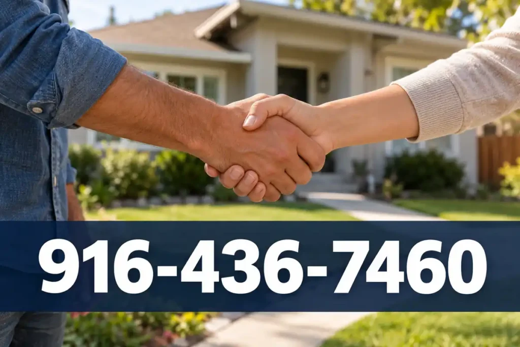 Homeowner shaking hands with a cash house buyer to sell a house as is in Stockton.