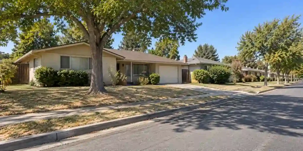 Angled street view of a 1960s ranch house in original condition in Stockton, California, with a dry lawn and attached garage.