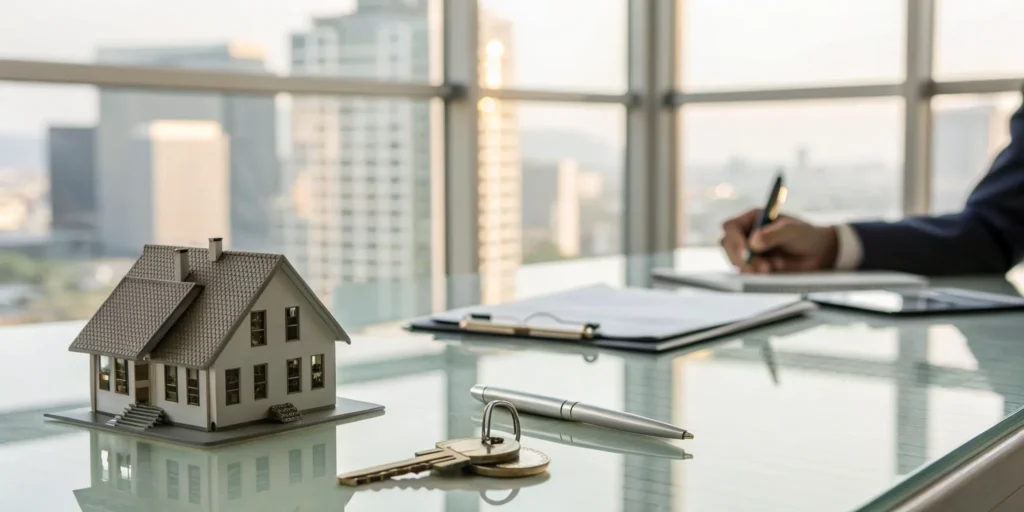 A model house and keys on a cash offer from a company that buys houses in any condition.