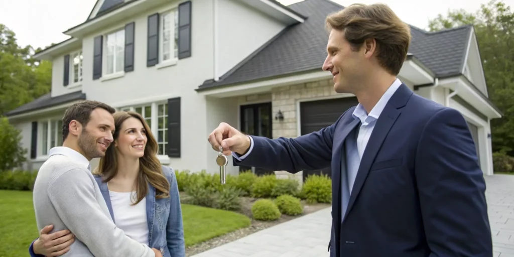 A successful pre-foreclosure house sale with a real estate agent giving keys to the new owners.