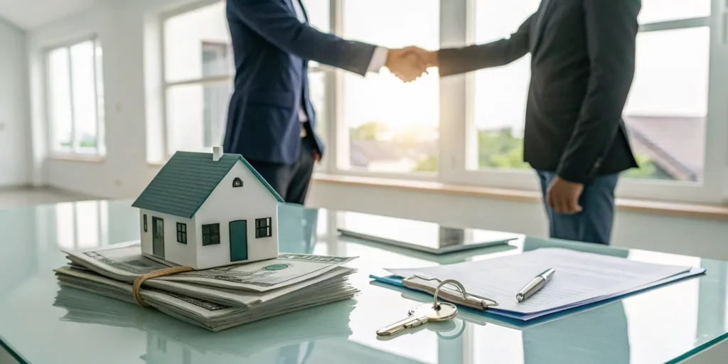 A cash for my house no fees sale with a handshake over a model home, cash, and keys.