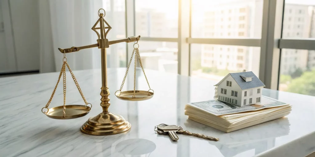 A gold balance scale weighing a cash offer for my condo against a model home and keys.