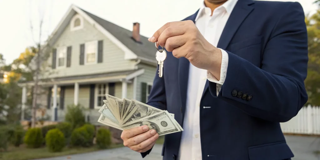 A man completes a cash for homes that need work sale, holding money and keys.