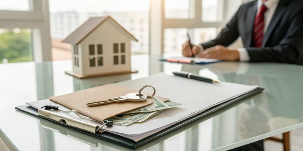 A contract for a cash offer on a house in foreclosure with keys and money on a table.