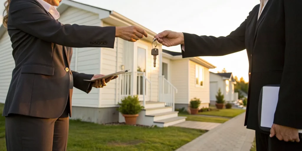 A homeowner sells their mobile home for cash, exchanging keys with the new buyer.
