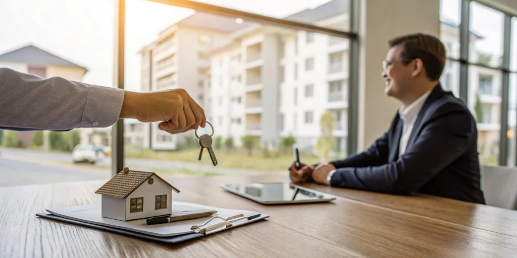 A landlord sells a rental property to a cash home buyer, handing over the keys.