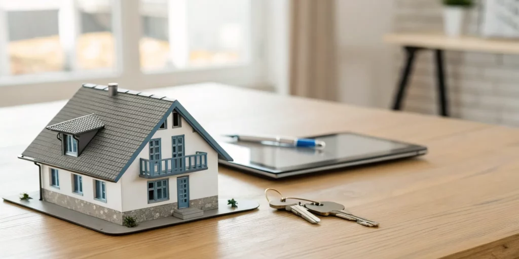 Model house with keys and paperwork for selling a house as is.