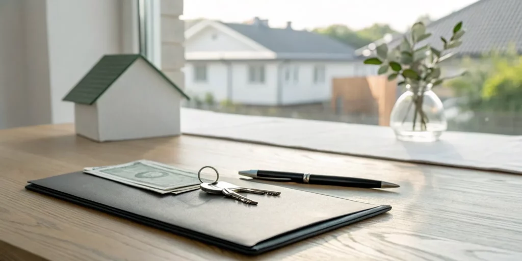 A cash offer for a house that needs work with keys, cash, and paperwork.