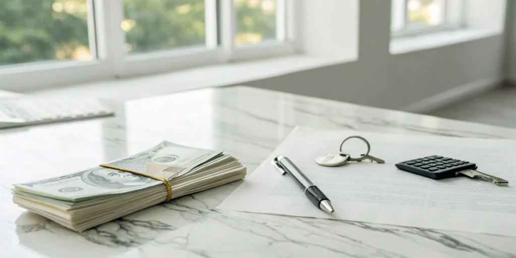 A stack of cash, house keys, and a contract for an all cash offer for a house.