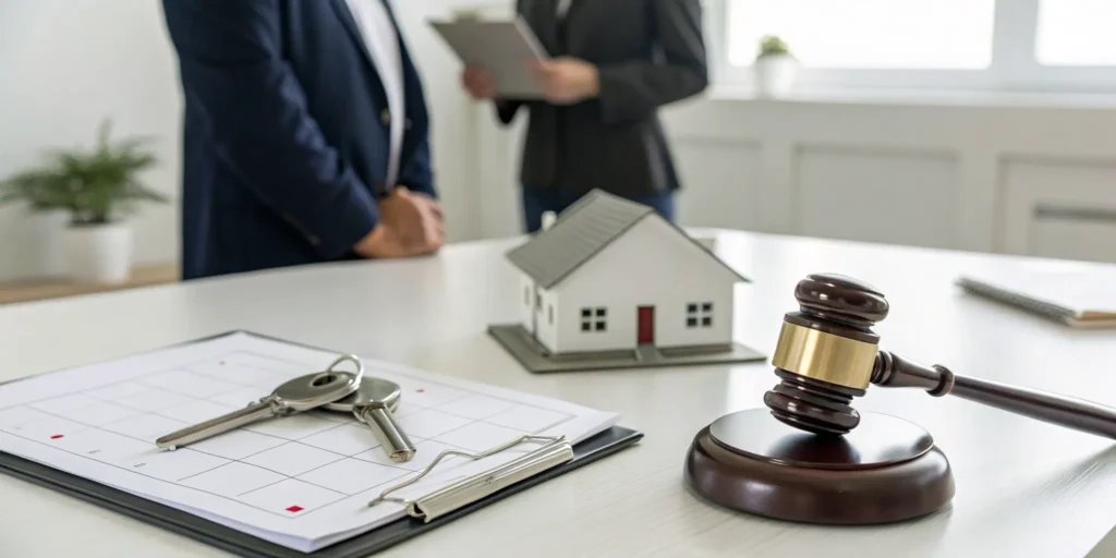 Gavel, house keys, and a model home showing you can sell your house before it goes to auction.