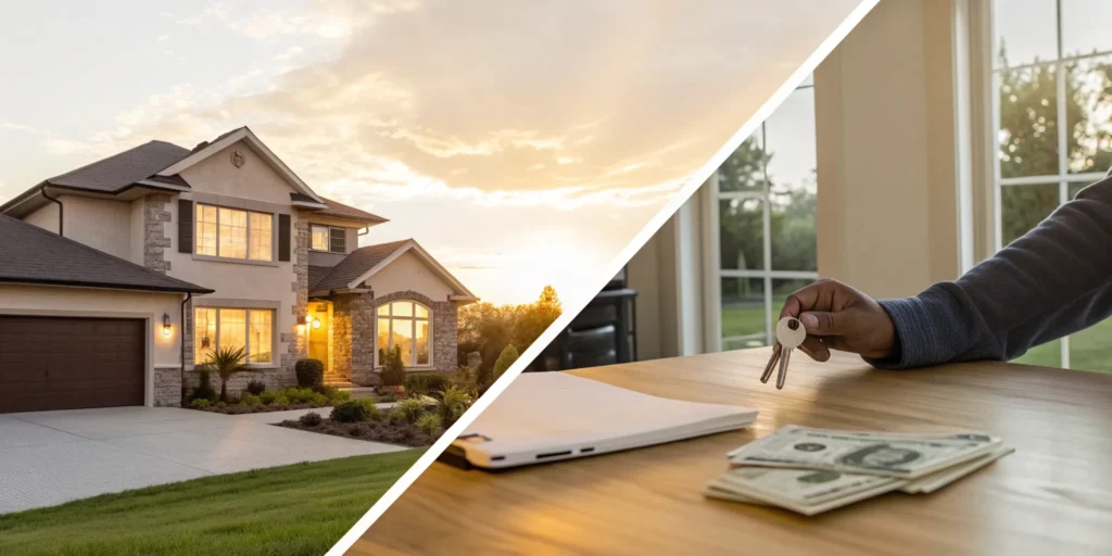A hand with house keys over a stack of cash, weighing the pros and cons of a cash offer on a house.