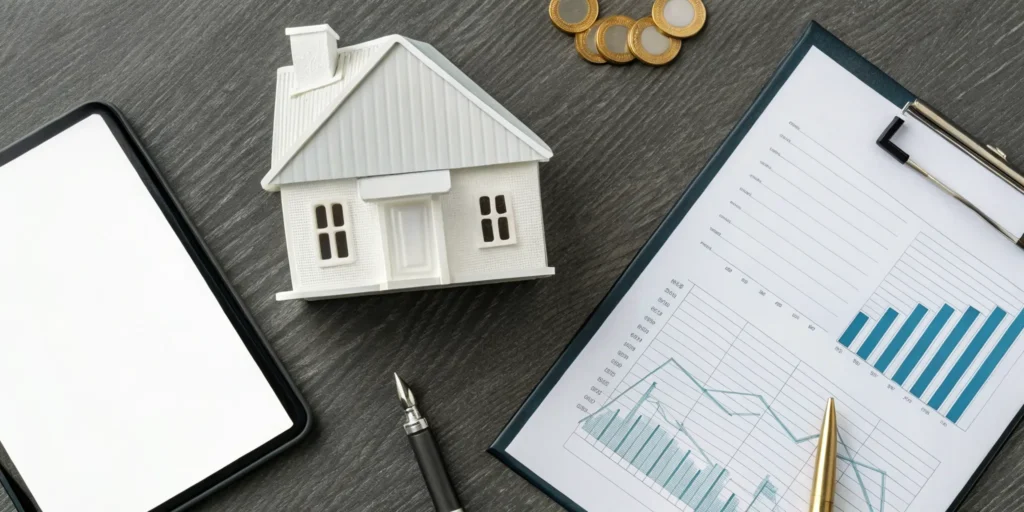 Model home, charts, and coins on a desk showing how cash buyers determine a home offer price.