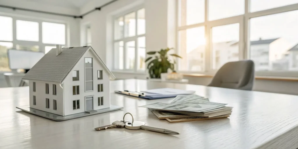 How cash offers on houses work, shown with a model house, cash, and keys.