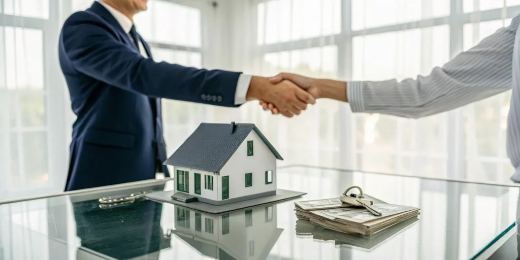 A homeowner accepts a cash offer for their house by shaking hands with a buyer over a table with keys and cash.