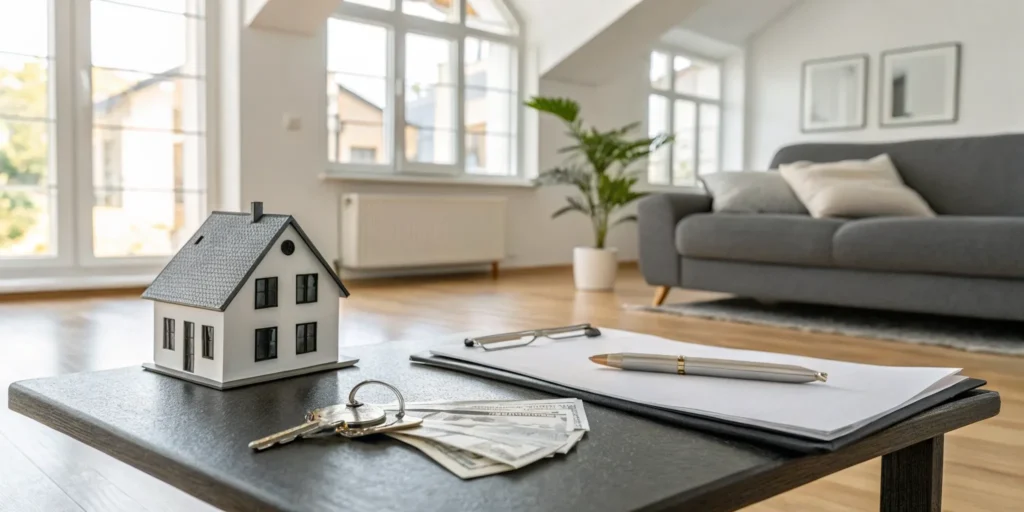 Model house, cash, keys, and paperwork for a fair cash offer on a home.