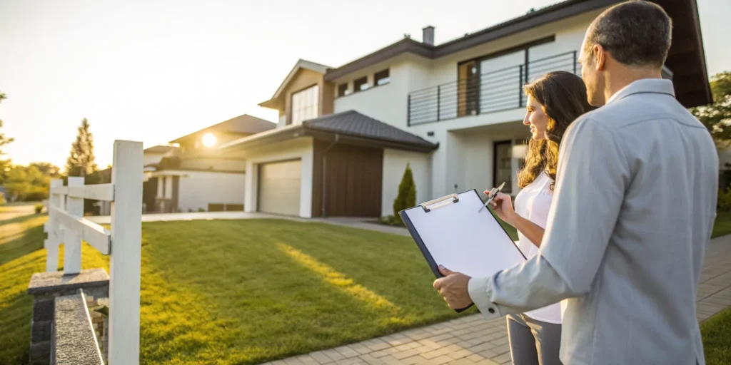 A couple with a clipboard planning how to sell a house during a divorce.