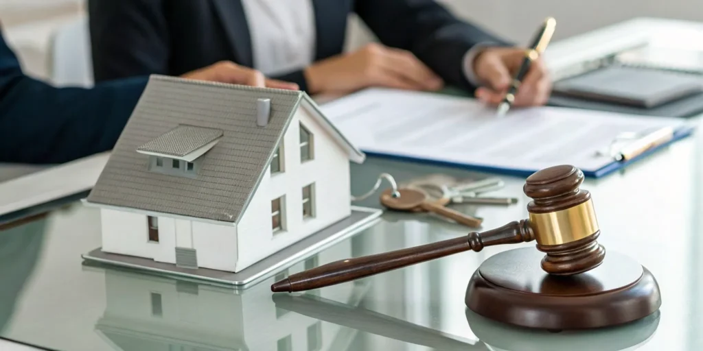 A judge's gavel, house model, and keys on legal paperwork about how to sell a house in probate.