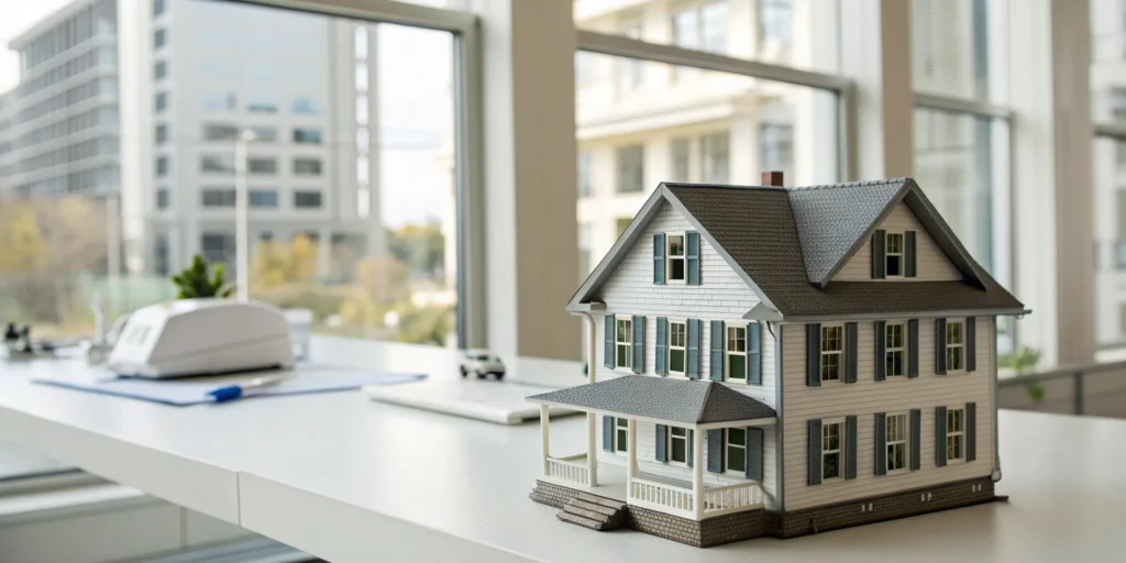A small house on a desk, planning how to sell a house that needs major repairs.