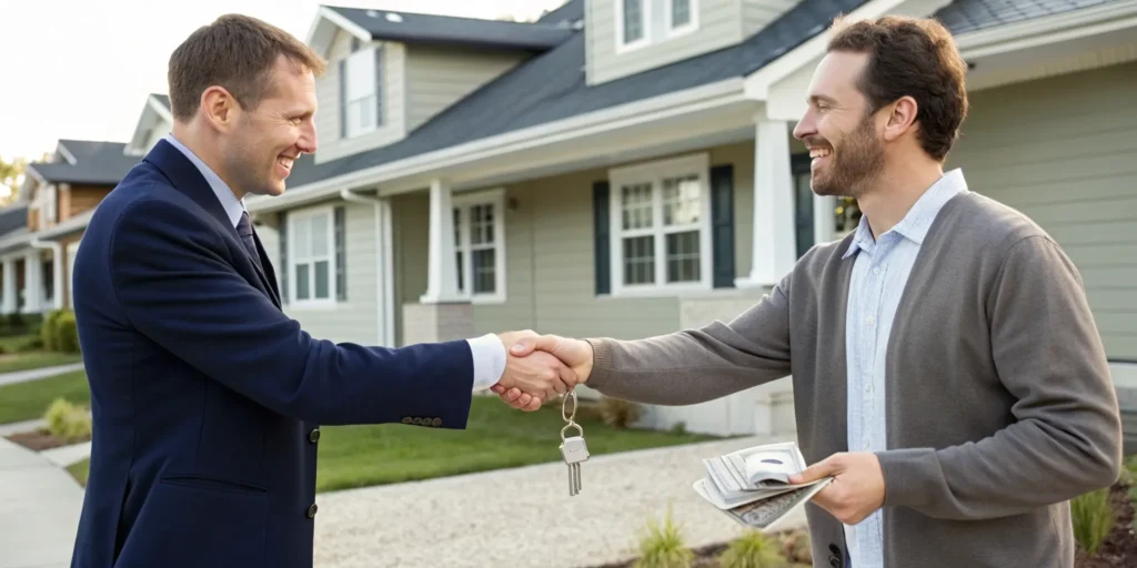 A homeowner sells his ugly house for cash, shaking hands with the buyer.