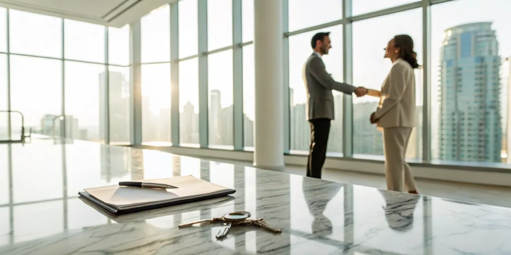Homeowner shaking hands with a buyer to sell my condo for cash, with keys and paperwork on the table.
