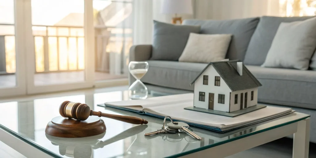 A gavel, house model, and keys for an article on how to sell a house fast before auction.