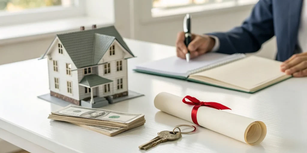 A model home with cash and keys representing a cash offer for a probate house.