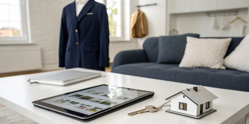 A tablet displaying we buy houses reviews on a table next to a model house and keys.