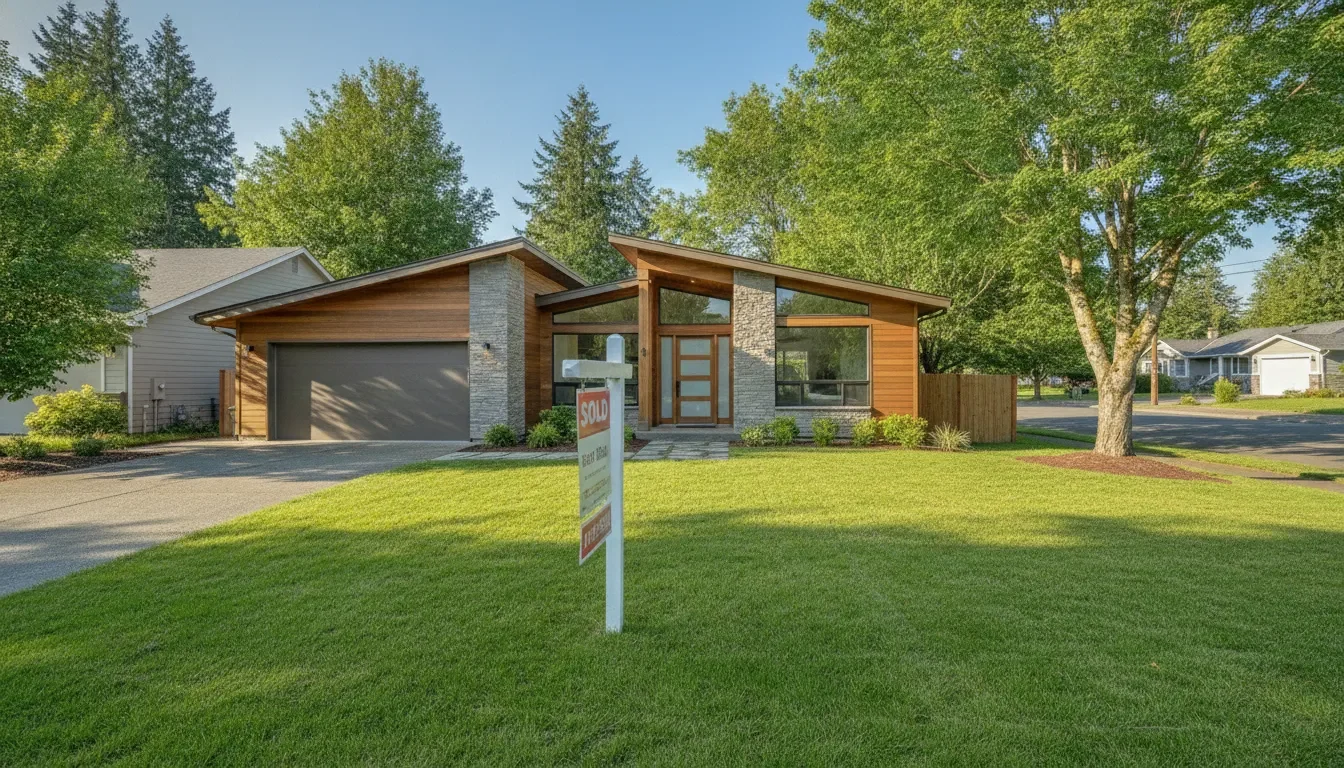 Modern home with a Sold sign in a Renton, Washington neighborhood under a clear blue sky