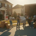 Washington family loading a moving truck outside their home with a real estate Sold sign in the front yard in warm afternoon light