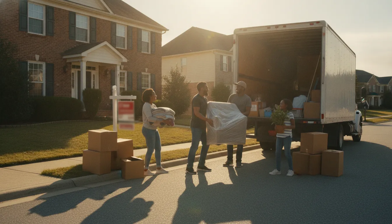 Washington family loading a moving truck outside their home with a real estate Sold sign in the front yard in warm afternoon light