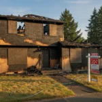 Fire-damaged house exterior with a sold sign in front yard, Washington residential neighborhood