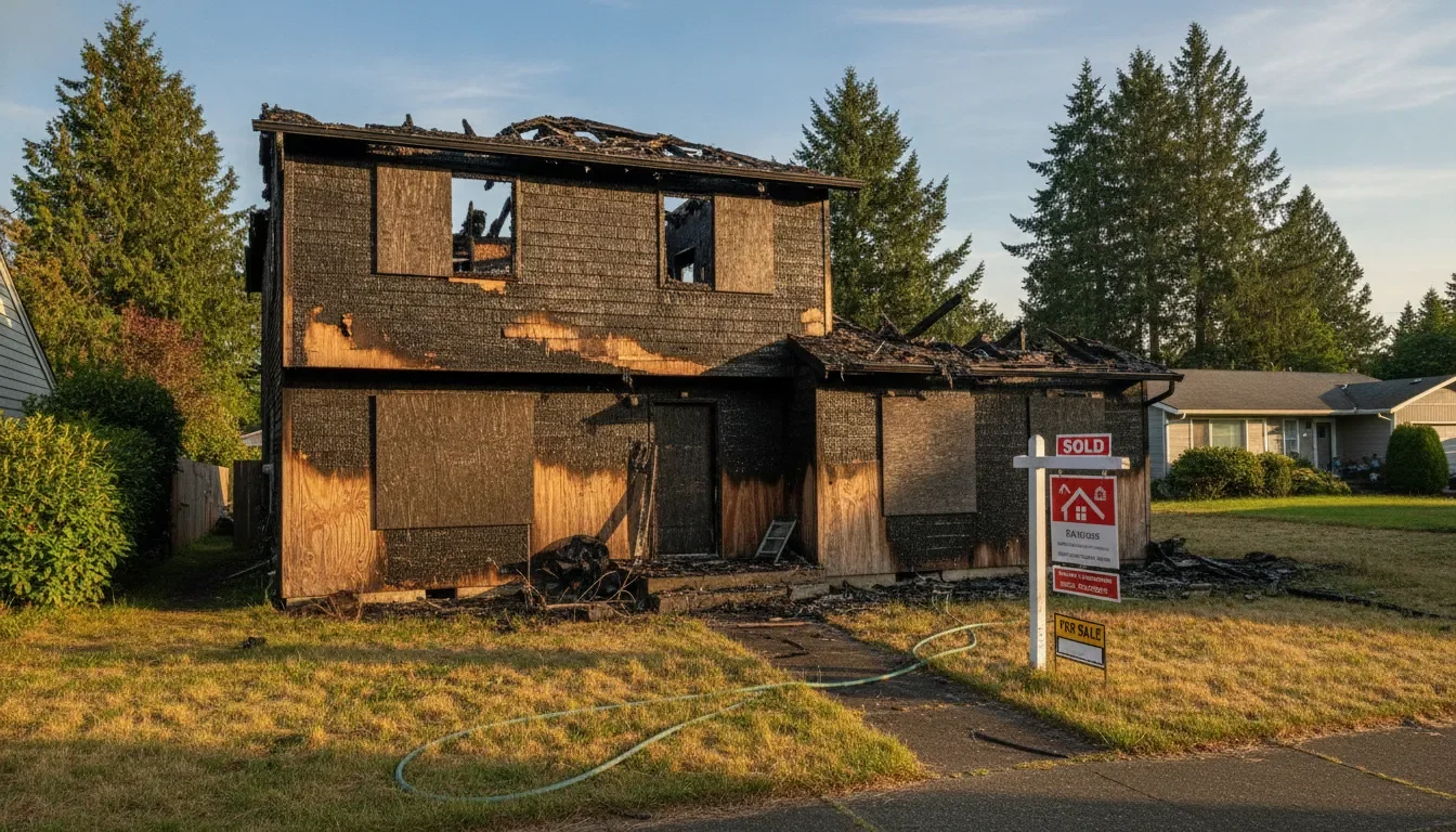 Fire-damaged house exterior with a sold sign in front yard, Washington residential neighborhood