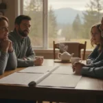 Washington family meeting with a financial advisor at a kitchen table, discussing real estate options