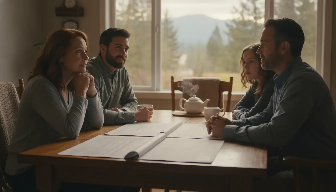 Washington family meeting with a financial advisor at a kitchen table, discussing real estate options