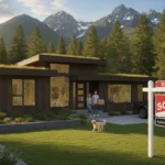 A modern house with a sold sign in the Pacific Northwest landscape with evergreen trees