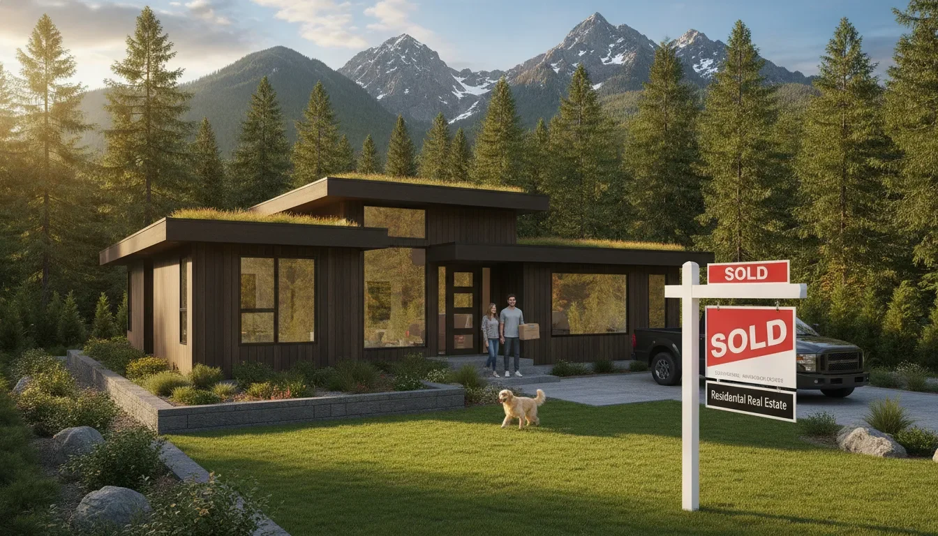 A modern house with a sold sign in the Pacific Northwest landscape with evergreen trees