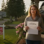 Washington homeowner holding a foreclosure notice with a sold sign in the front yard
