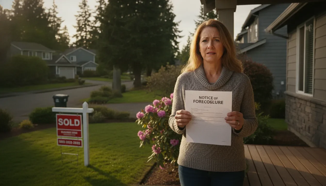 Washington homeowner holding a foreclosure notice with a sold sign in the front yard